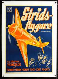 e146 FIGHTER SQUADRON linen Swedish movie poster '48 airplane art!