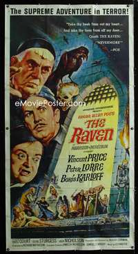 f001 RAVEN three-sheet movie poster '63 Boris Karloff, Price, Peter Lorre