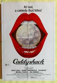 h105 CADDYSHACK int'l one-sheet movie poster '80 golfball in mouth image!