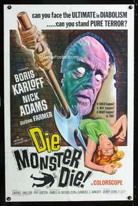 h172 DIE MONSTER DIE one-sheet movie poster '65 Boris Karloff, AIP horror!