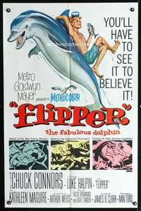 h218 FLIPPER one-sheet movie poster '63 Connors, Luke Halpin, dolphin!