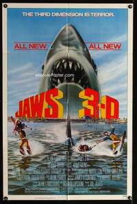 h296 JAWS 3-D one-sheet movie poster '83 Great White Shark horror!