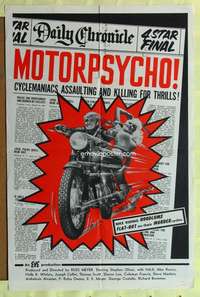 h368 MOTORPSYCHO one-sheet movie poster '65 Russ Meyer motorcycle classic!