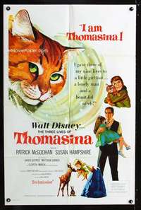 h545 THREE LIVES OF THOMASINA one-sheet movie poster '64 Walt Disney cat!