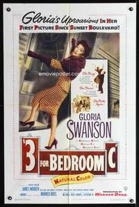 k004 3 FOR BEDROOM C one-sheet movie poster '52 sexy Gloria Swanson!