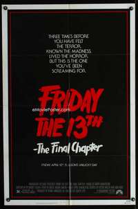 k276 FRIDAY THE 13th 4 one-sheet movie poster '84 Cory Feldman, horror!