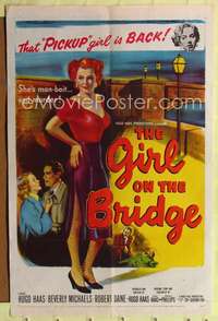 k299 GIRL ON THE BRIDGE one-sheet movie poster '51 bad Beverly Michaels!
