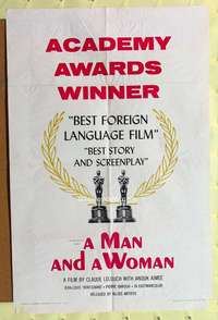 n350 MAN & A WOMAN awards style B one-sheet movie poster '66 Trintignant