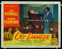 s338 CRY DANGER movie lobby card #8 '51 Dick Powell punches bad guy!