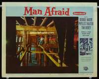 s498 MAN AFRAID movie lobby card #8 '57 George Nader under dock!