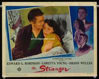 s725 STRANGER movie lobby card '46 Orson Welles & Loretta Young c/u