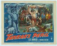s745 TARZAN'S PERIL movie lobby card #3 '51 Lex Barker throws guy!