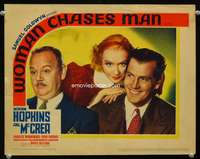 s791 WOMAN CHASES MAN movie lobby card '37 Miriam Hopkins, Joel McCrea