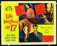 v103 LIFE BEGINS AT 17 movie title lobby card '58 teenage love triangle!