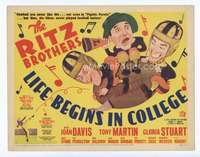 v104 LIFE BEGINS IN COLLEGE movie title lobby card '37 Ritz Bros, football!