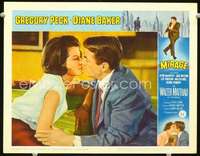 v660 MIRAGE movie lobby card #1 '65 Gregory Peck kisses Diane Baker