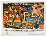 v142 SIGN OF THE PAGAN movie title lobby card '54 Palance as Attila the Hun!