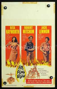 y075 FIRE DOWN BELOW movie window card '57 sexy Rita Hayworth, Mitchum