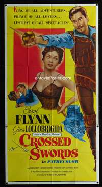 c093 CROSSED SWORDS three-sheet movie poster '53 Errol Flynn, Lollobrigida