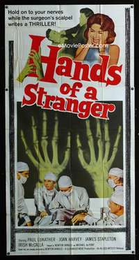 c177 HANDS OF A STRANGER three-sheet movie poster '62 cool hand transplant!