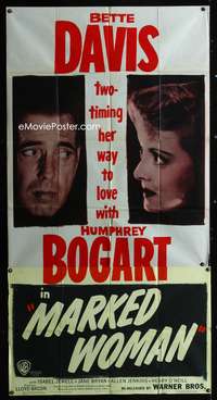 c285 MARKED WOMAN three-sheet movie poster R47 Bette Davis, Humphrey Bogart