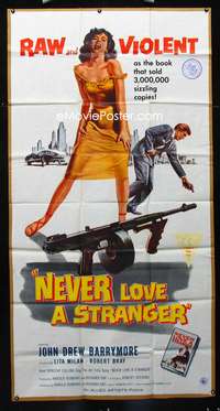 c303 NEVER LOVE A STRANGER three-sheet movie poster '58 Harold Robbins sex!