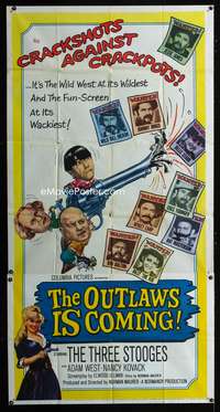 c319 OUTLAWS IS COMING three-sheet movie poster '65 3 Stooges w/Curly-Joe!