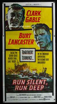 c363 RUN SILENT, RUN DEEP three-sheet movie poster '58 Clark Gable, Lancaster
