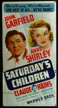 c372 SATURDAY'S CHILDREN three-sheet movie poster '40 Garfield, Anne Shirley