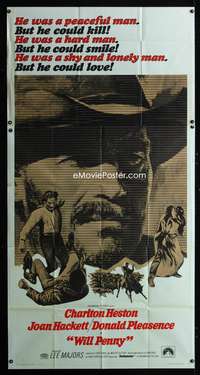 c490 WILL PENNY three-sheet movie poster '68 Charlton Heston, Joan Hackett