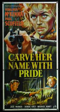 c069 CARVE HER NAME WITH PRIDE English three-sheet movie poster '58 cool art!