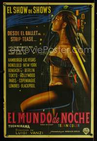 d343 WORLD BY NIGHT Argentinean movie poster '61 sexy showgirl art!