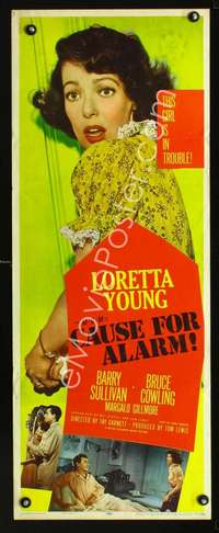 f269 CAUSE FOR ALARM insert movie poster '50Loretta Young in trouble!