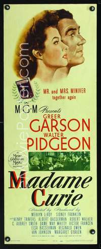 f422 MADAME CURIE insert movie poster '43Greer Garson,Walter Pidgeon