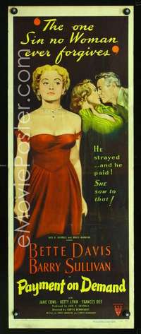 f472 PAYMENT ON DEMAND insert movie poster '51 classic Bette Davis!