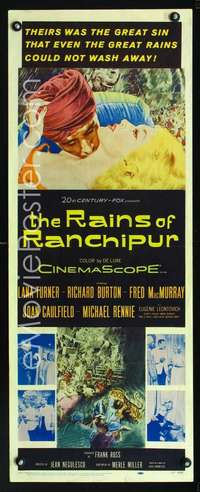 f491 RAINS OF RANCHIPUR insert movie poster '55 Lana Turner, Burton