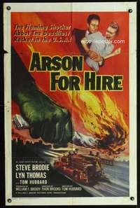 h055 ARSON FOR HIRE one-sheet movie poster '58 best fire truck artwork!