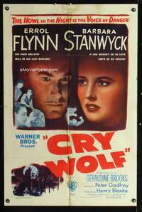 h200 CRY WOLF one-sheet movie poster '47 Errol Flynn, Barbara Stanwyck