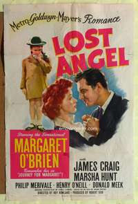 h400 LOST ANGEL one-sheet movie poster '44 Margaret O'Brien, James Craig