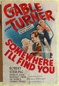 h002 SOMEWHERE I'LL FIND YOU C one-sheet movie poster '42 Gable, Lana Turner