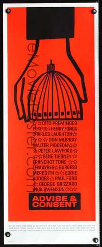 k082 ADVISE & CONSENT insert movie poster '62 classic Saul Bass art!