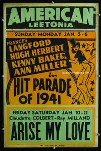 k151 HIT PARADE OF 1941/ARISE MY LOVE local theater window card movie poster '41