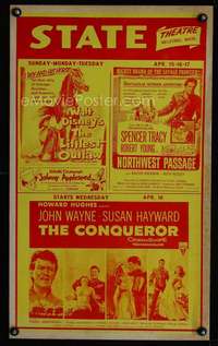 k134 LITTLEST OUTLAW/JOHNNY/NORTHWEST/CONQUEROR jumbo window card movie poster '56