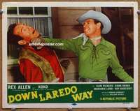 m351 DOWN LAREDO WAY movie lobby card '53 Rex Allen punches bad guy!