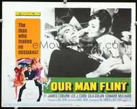 m677 OUR MAN FLINT movie lobby card '66 James Coburn in bed with girl!