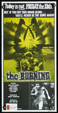 s508 BURNING Australian daybill movie poster '81 this is no campfire story!