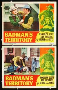 z075 BADMAN'S TERRITORY 2 movie lobby cards '46 Randolph Scott, Gabby