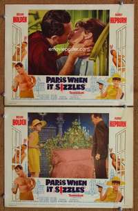 z659 PARIS WHEN IT SIZZLES 2 movie lobby cards '64 Hepburn & Holden!