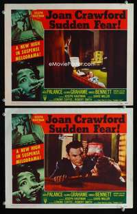 z843 SUDDEN FEAR 2 movie lobby cards '52 Joan Crawford, Jack Palance