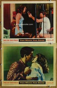 z899 TOO MUCH TOO SOON 2 movie lobby cards '58 Dorothy Malone, Danton